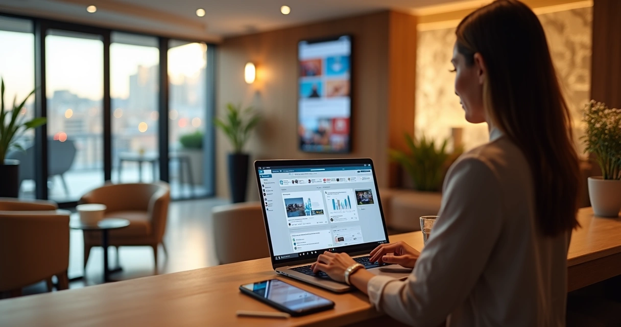Gerente de hotel analisando redes sociais em notebook na recepção 