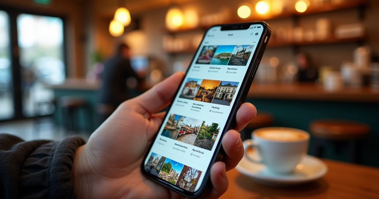 Celular mostrando rede social com paisagens irlandesas 