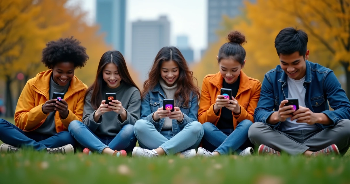 Jovens usando celular em grupos, tela com aplicativos de rede social