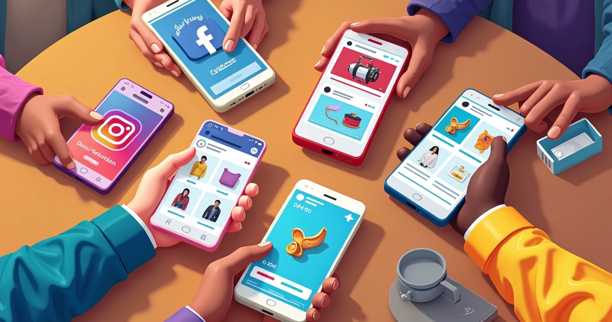 Celulares mostrando apps de redes sociais com loja online