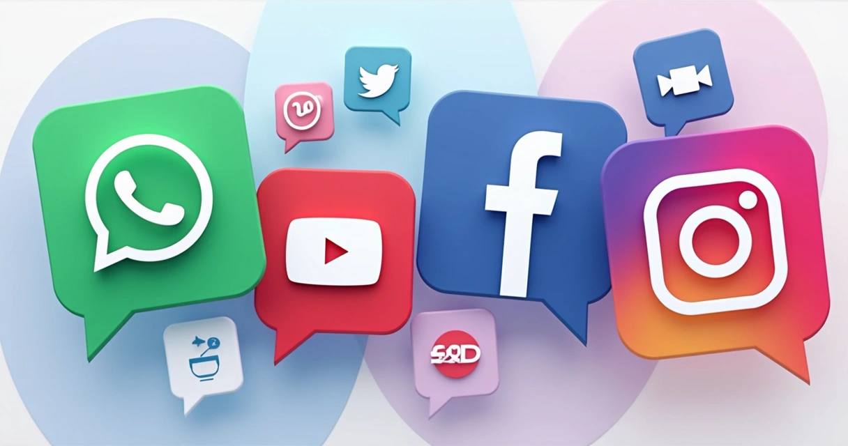 Representação visual de diferentes redes sociais, incluindo WhatsApp, Facebook, YouTube e Instagram, cada uma destacada com seu logo e elementos gráficos relacionados