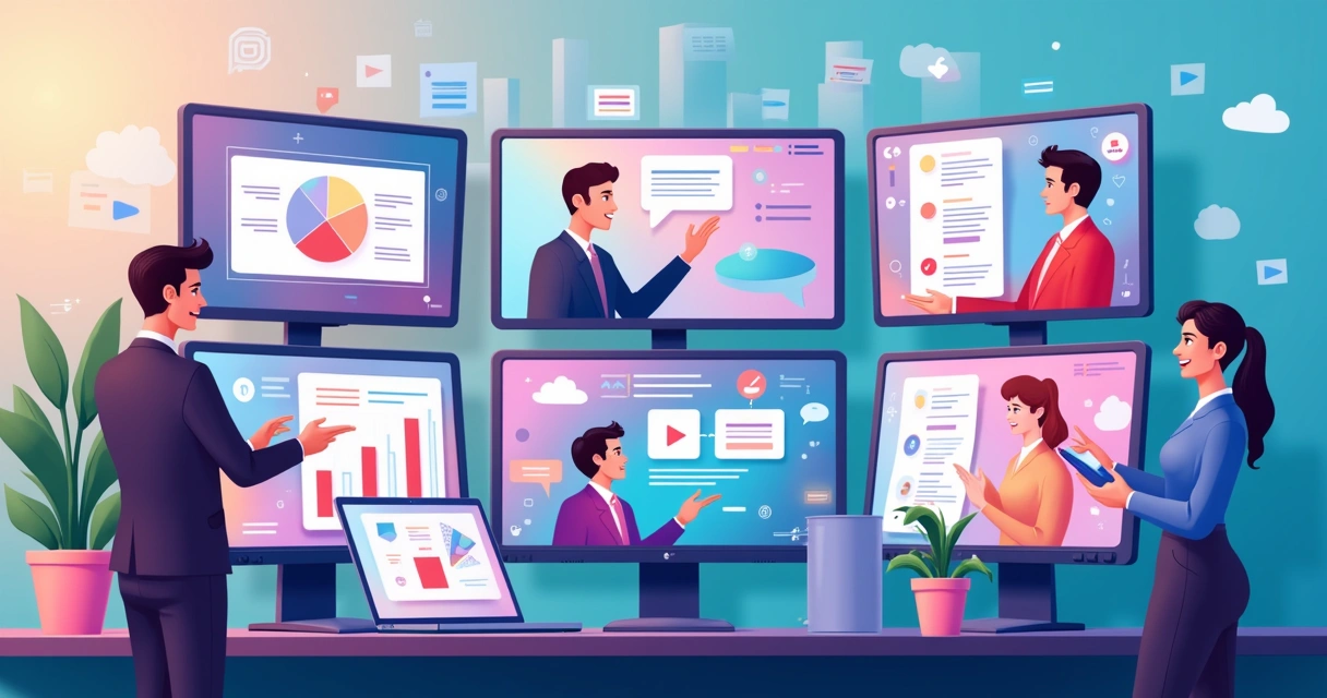 Painel digital com diferentes telas mostrando redes sociais e gráficos 