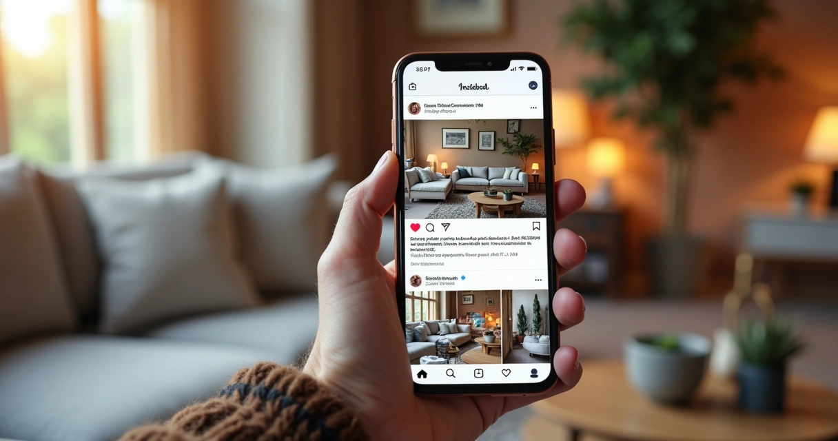 Instagram feed with furniture store posts, reels, and user comments 