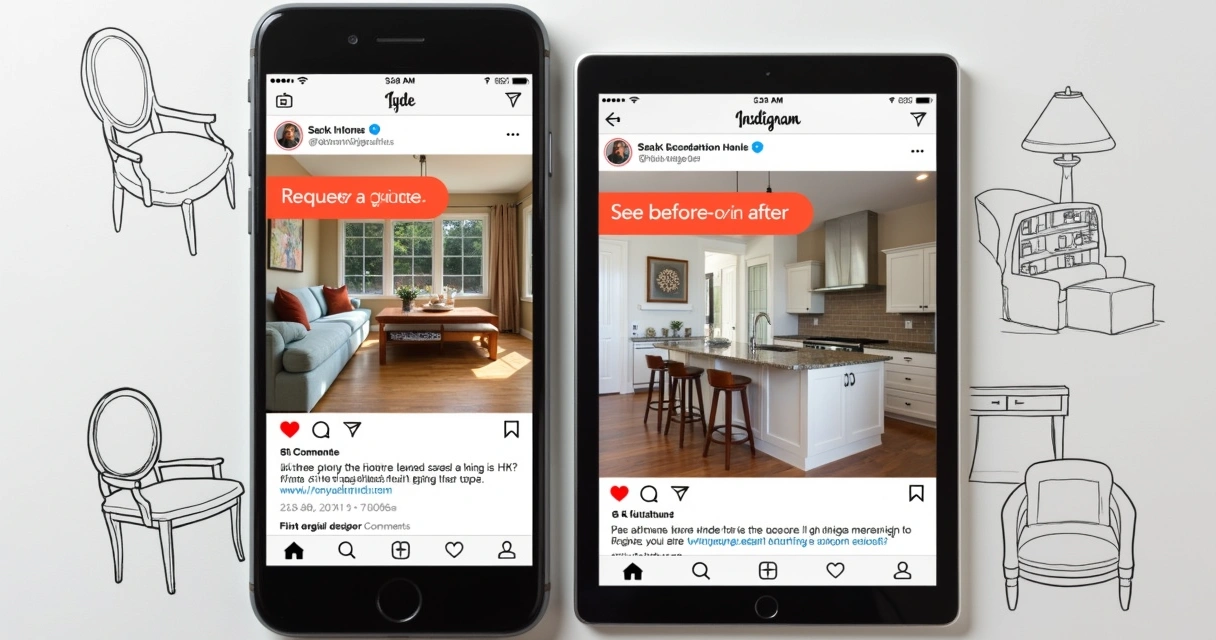 Feed de redes sociais mostrando projetos de móveis planejados com comentários de clientes 