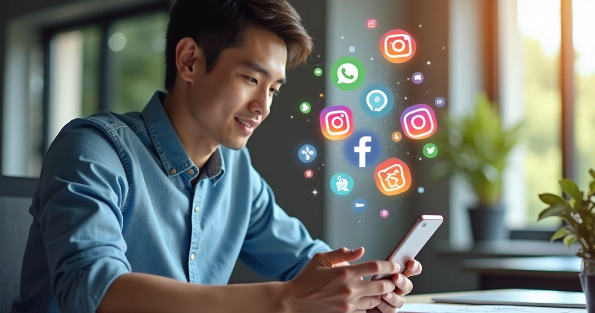 Empreendedora mexendo em celular com ícones de redes sociais flutuando 