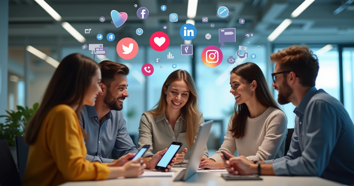 Equipe divulgando conteúdo de SEO em redes sociais 