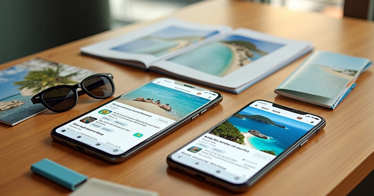 Vários dispositivos móveis exibindo redes sociais com destinos turísticos de praia e montanha 