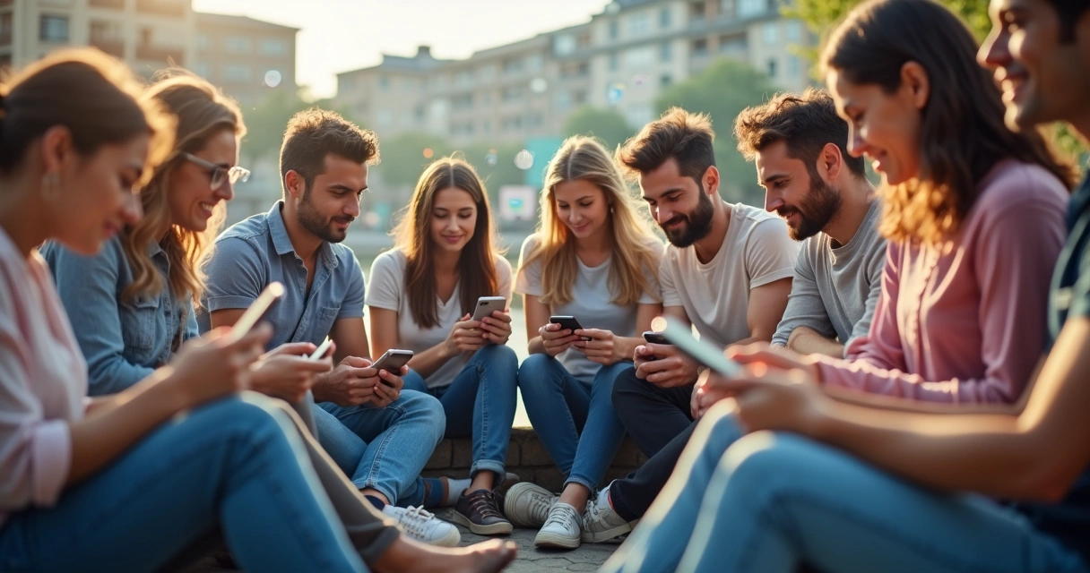 Personas usando teléfonos móviles en grupo 