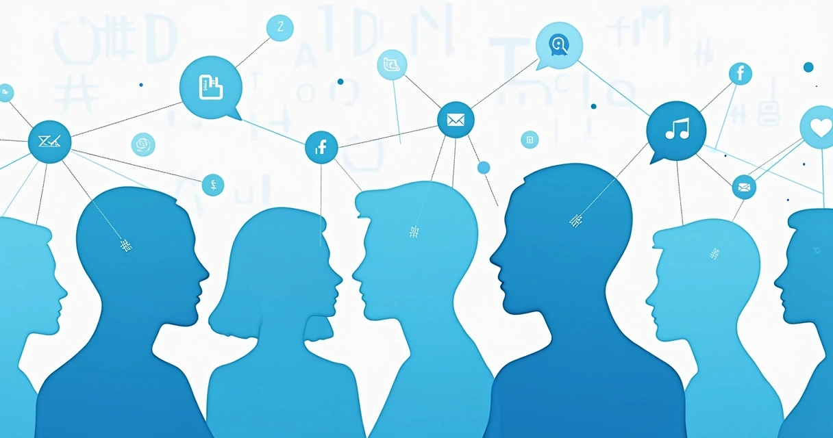 Símbolos de redes sociales y conectividad sobre siluetas humanas en azul 