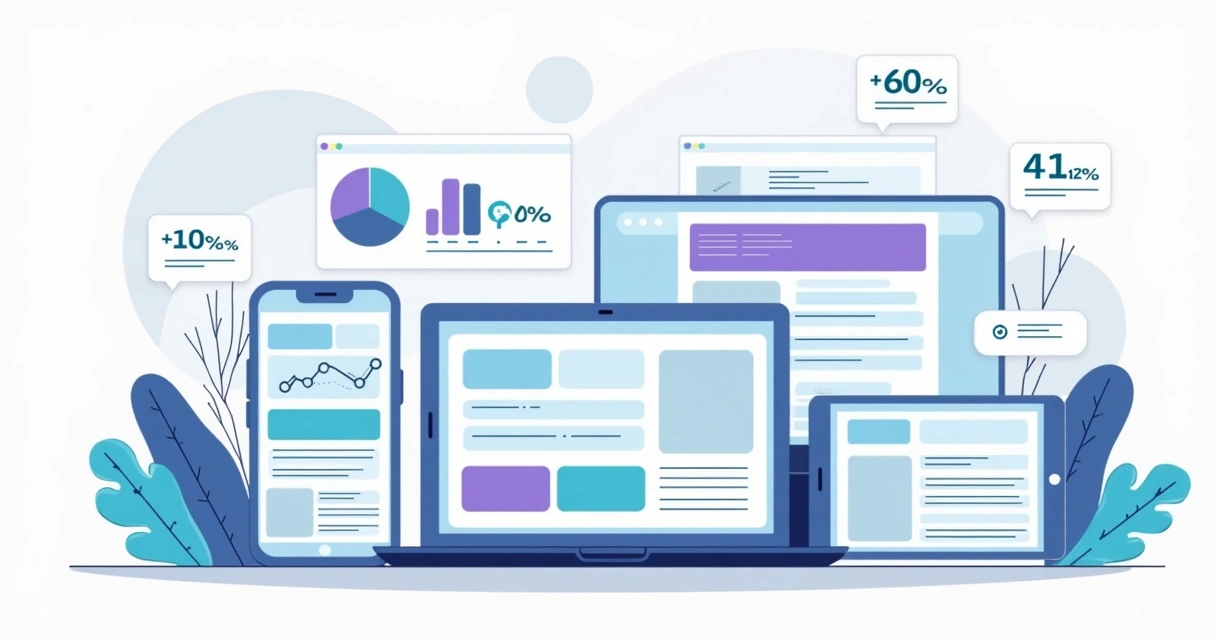 Mockup de página SaaS responsiva exibida em múltiplos dispositivos com gráficos de KPIs em destaque 