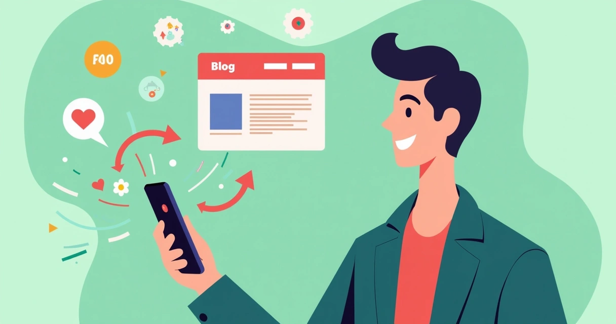 Pessoa sorrindo com smartphone, com setas apontando para a homepage do blog 