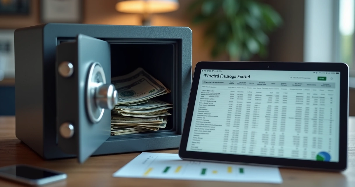 Cofre aberto com dinheiro economizado ao lado de planilhas digitais contábeis