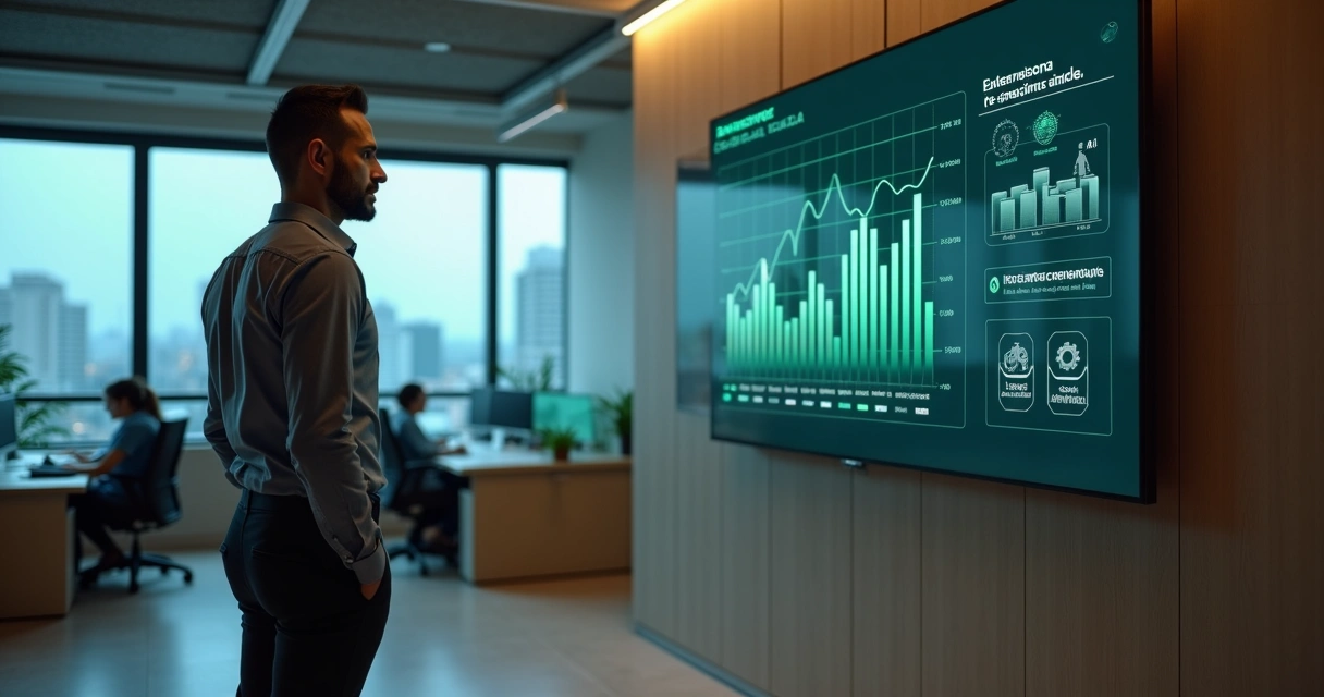 Gestor observando painel com gráficos de redução de custos por IA 