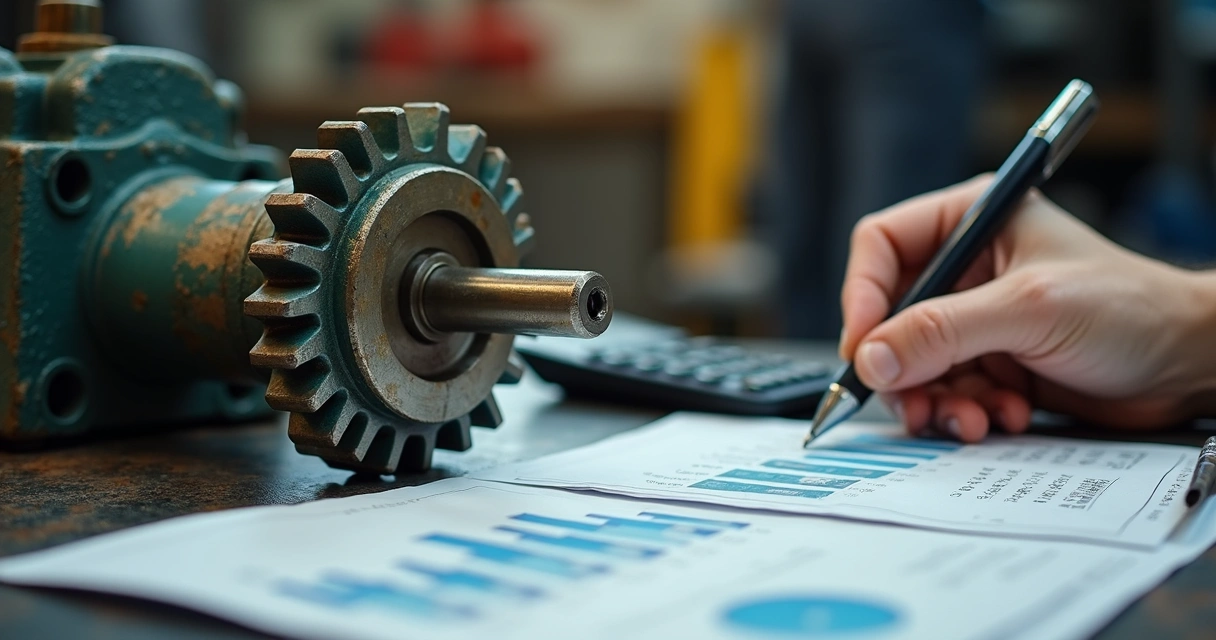 Redutor industrial antigo ao lado de planilhas com cálculos de custos de manutenção 