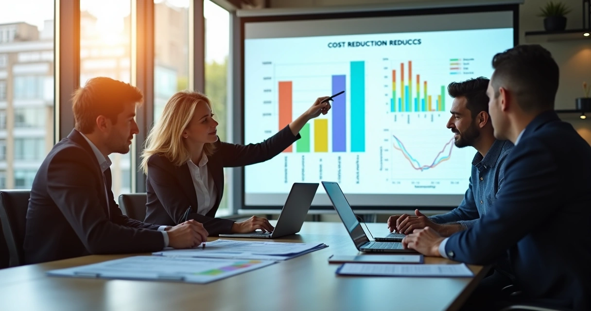 Equipe analisando gráficos de custos no escritório.