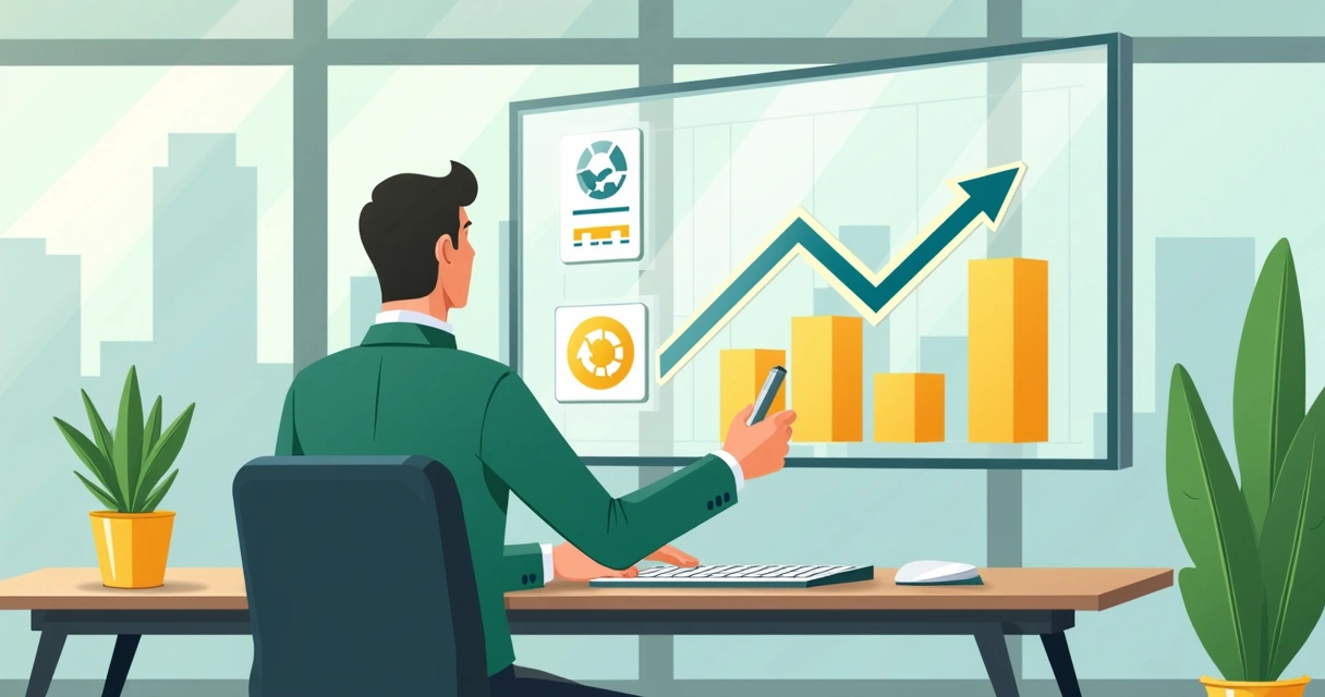 Gestor observa painel de redução de custos no escritório digital 