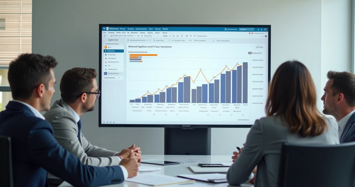 Gráfico descendente ao lado de equipe reunida em tela de análise de custos 