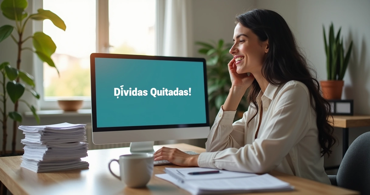 Pessoa sorrindo olhando para a tela do computador com dívidas quitadas 