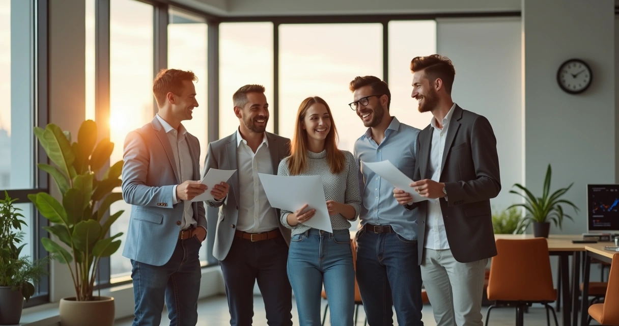 Equipe de vendas feliz com menos papéis e mais tempo livre, escritório moderno ao fundo 