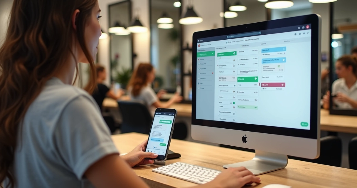 Recepcionista de salão usando computador com agenda enquanto cliente confirma horário pelo WhatsApp 