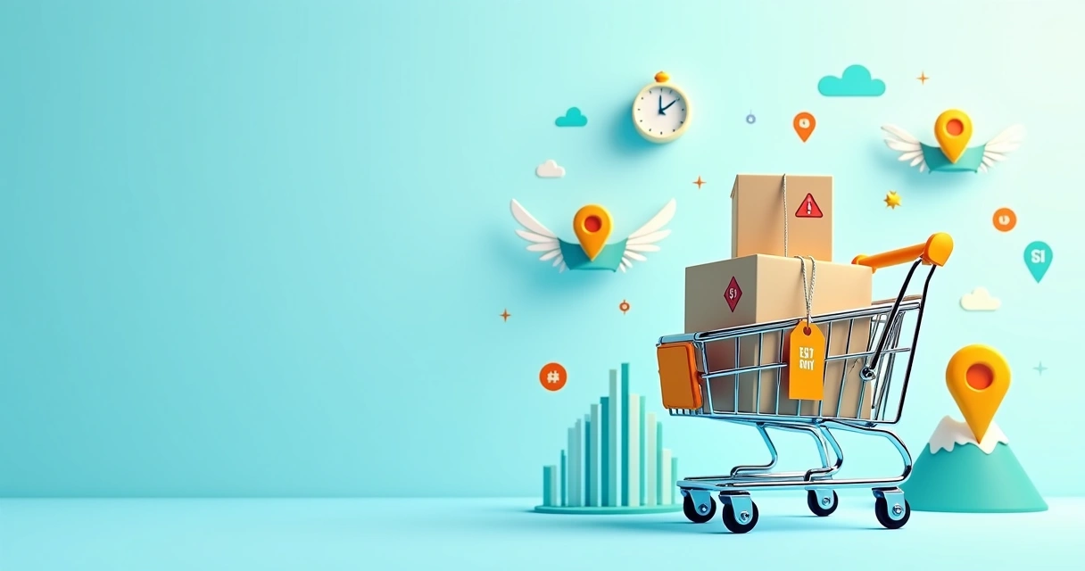 Ilustração corporativa mostrando um carrinho de compras com etiquetas de preço reduzidas e ícones de entrega rápida ao fundo 