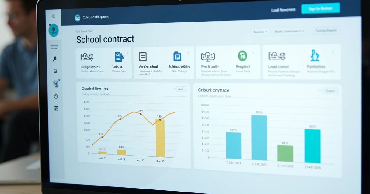 Dashboard digital mostrando dados de contratos e inadimplência escolar