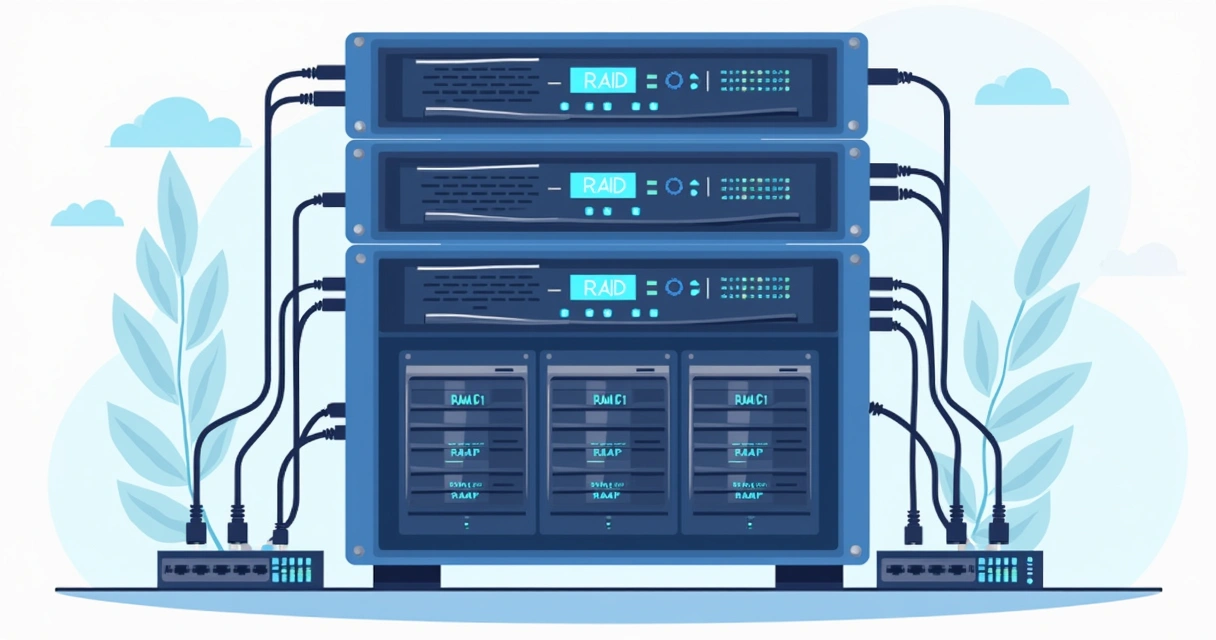 Desenho mostrando servidores em camadas, com discos RAID, cabos de energia e links de rede duplicados 