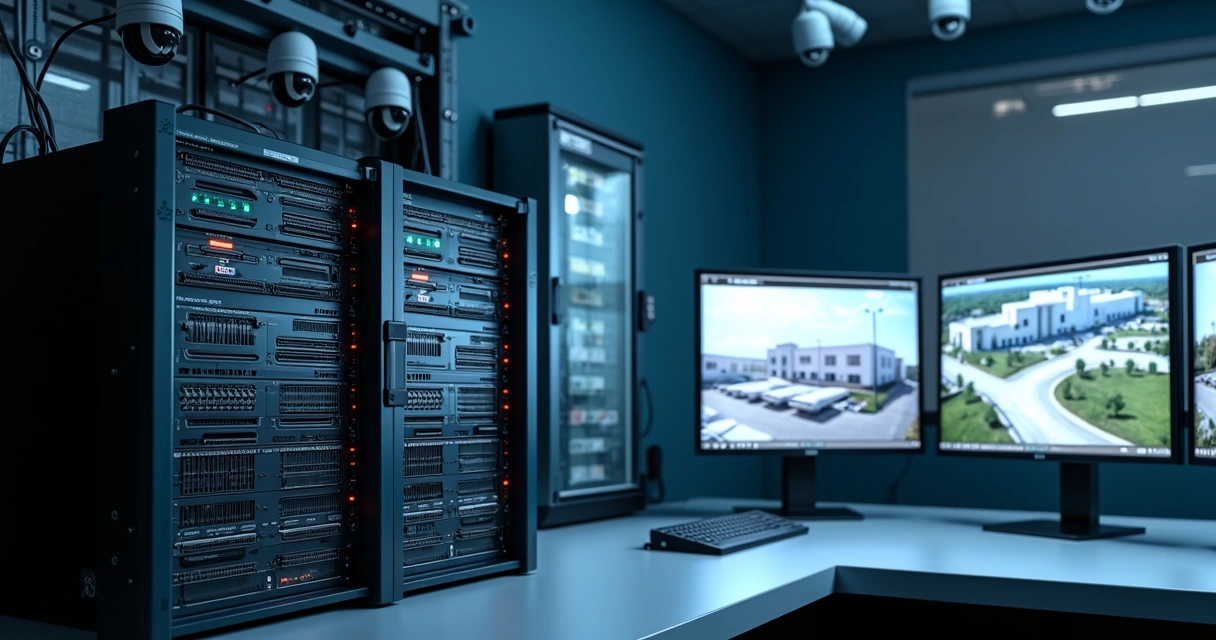 Sala de monitoramento com racks de NVR redundantes e monitores exibindo câmeras de CFTV IP 