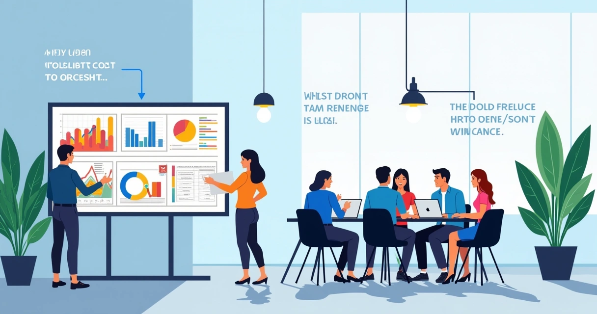 Profissionais em um escritório moderno utilizando Power BI para análise de custo e eficiência.
