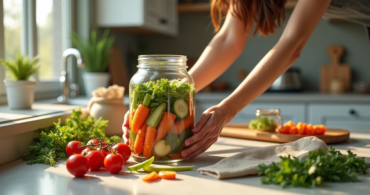 Mãos segurando pote de vidro com alimentos armazenados para evitar desperdício, em cozinha com vegetais e recipientes reutilizáveis 