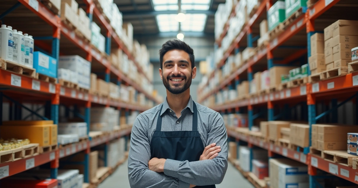 Gestor de estoque sorrindo ao ver produtos organizados sem perdas de validade 