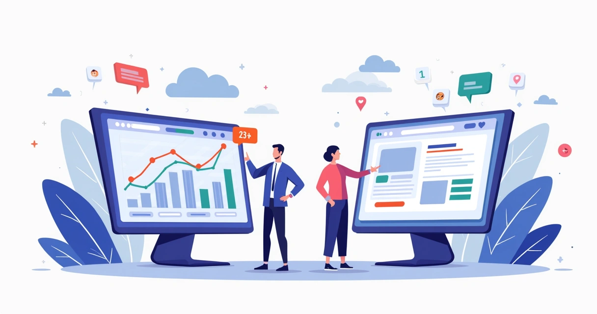 Painel com curva de churn caindo à esquerda e landing page otimizada à direita 