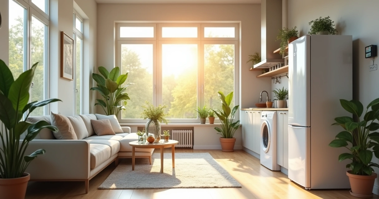 Interior de casa iluminada com luz natural e eletrodomésticos eficientes com selo Procel 
