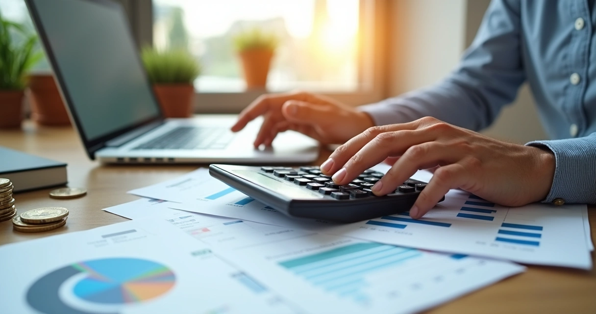 Pessoa usando calculadora e laptop para analisar finanças empresariais, mesa com documentos e moedas, ambiente de escritório claro e organizado 