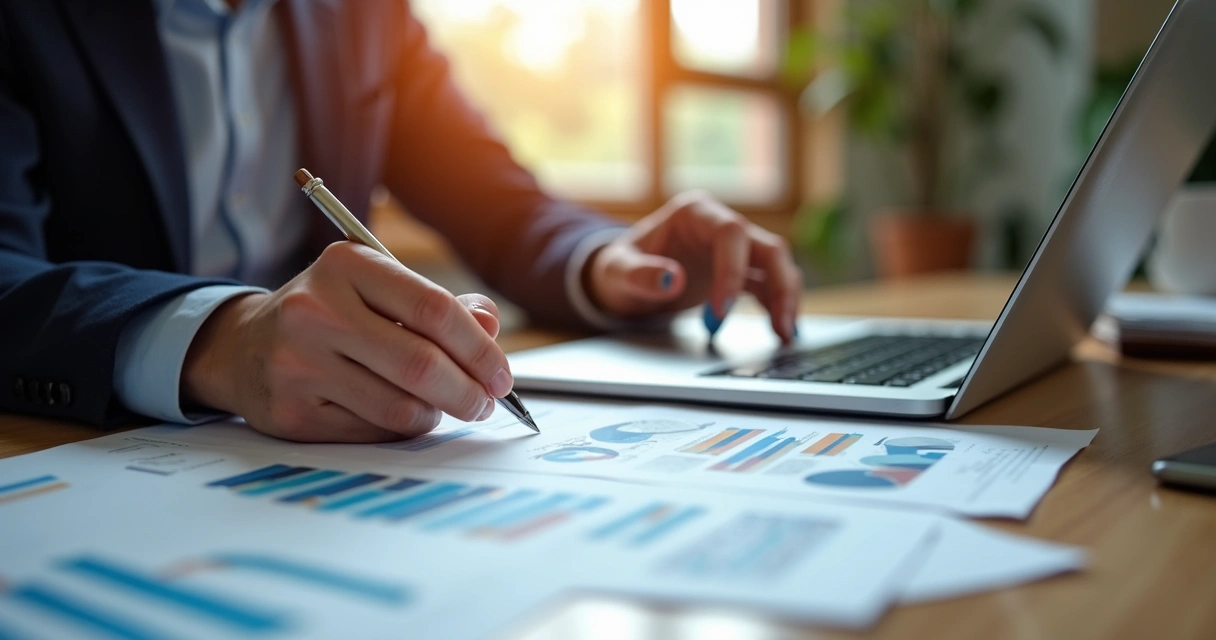 Mesa de escritório com laptop aberto mostrando gráficos financeiros, pessoa apontando para relatório de custos, elementos de comunicação digital e financeira ao redor 