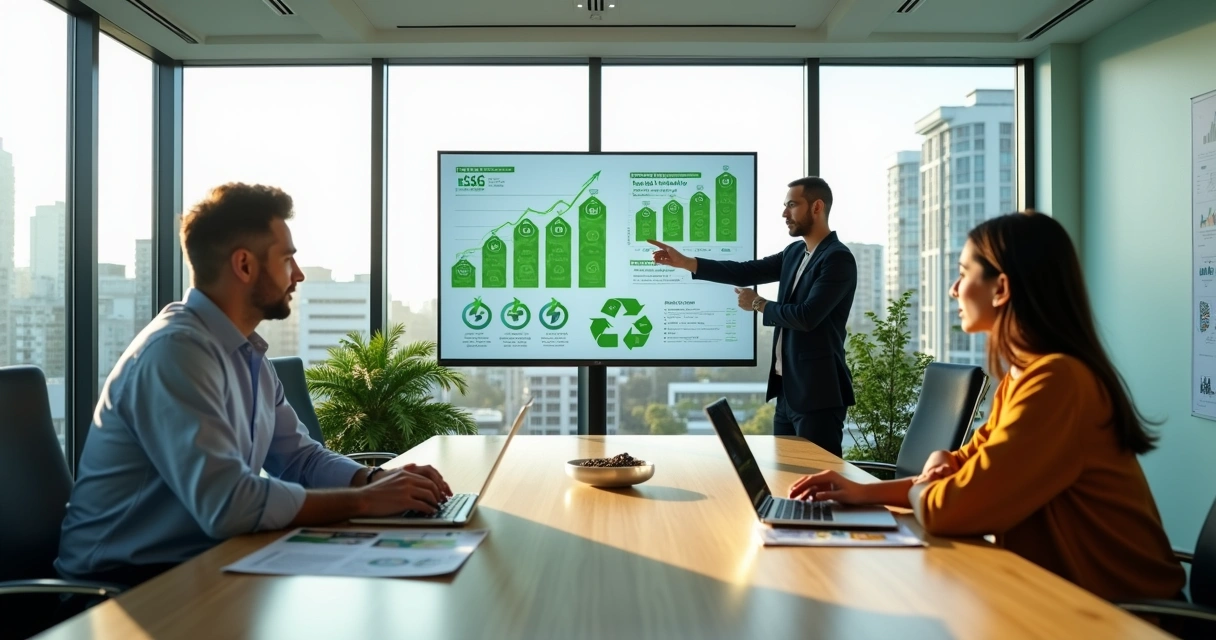 Executivos analisando gráficos de redução de custos e sustentabilidade em escritório moderno com ícones verdes 
