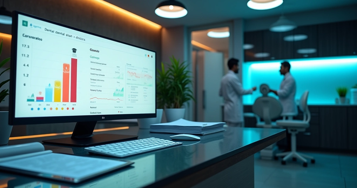 Dentista analisa painel digital com barra de aprovação de guias odontológicas 