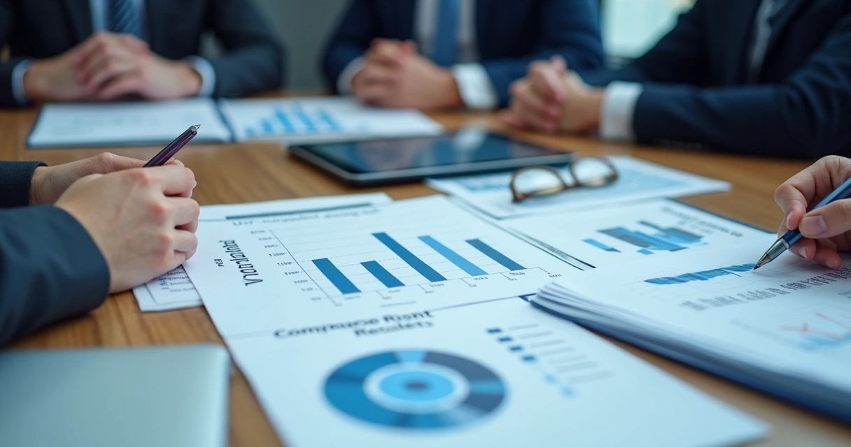 Mesa de reuniões com gráficos de redução de custos e riscos