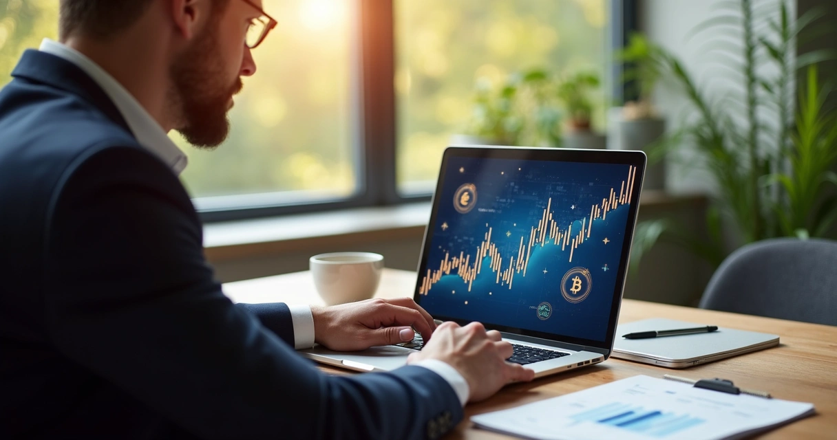 Pessoa analisando gráficos de transações blockchain no notebook