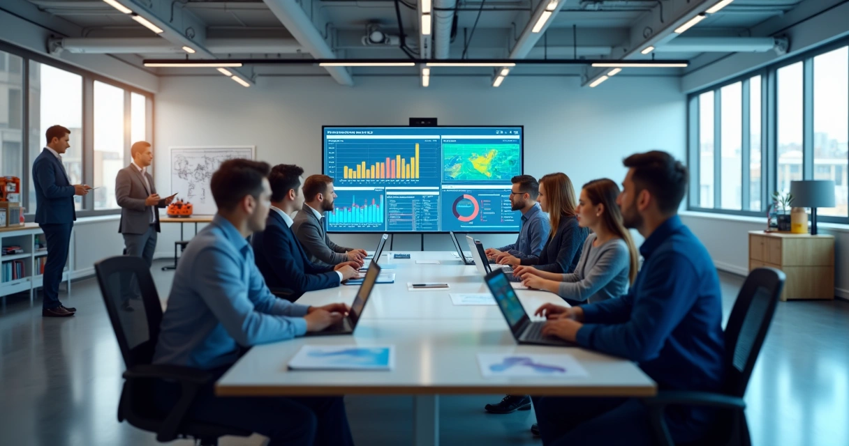 Equipe industrial em reunião, analisando dashboards digitais e gráficos de produtividade em uma sala moderna com telas digitais ao fundo 