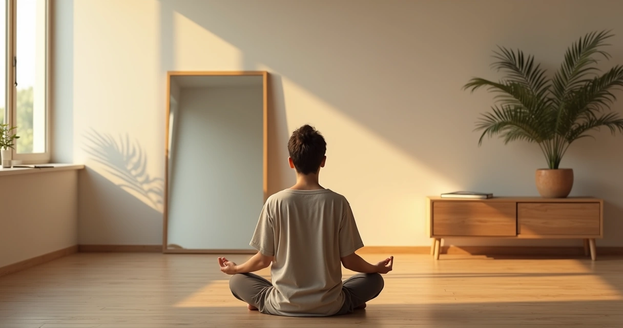 Persona meditando y reflexionando frente a un espejo con luz cálida 