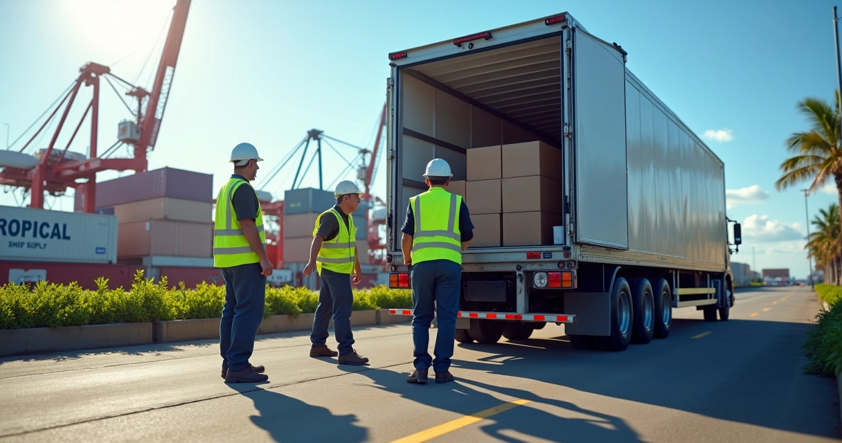 Reefer truck unloading chilled goods at a port, workers monitoring delivery 