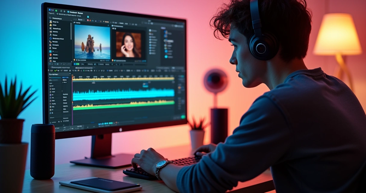 Pessoa editando cortes de podcast para Instagram no computador 