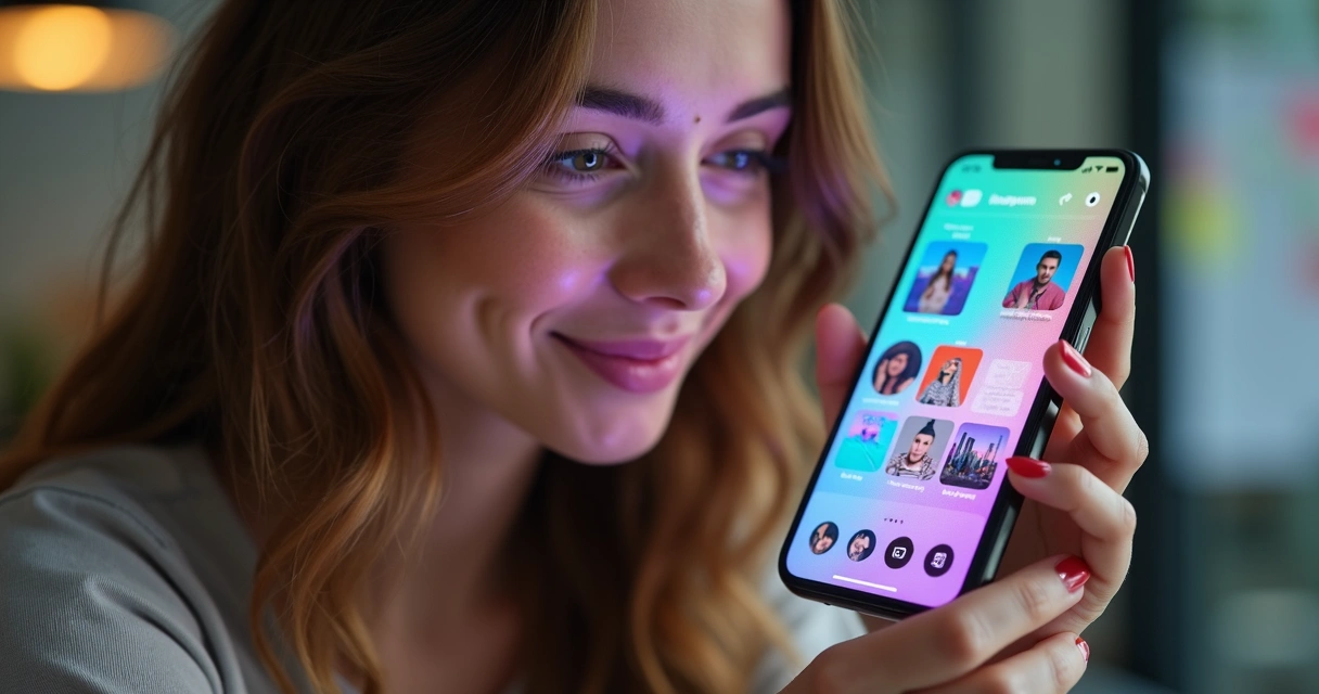 Pessoa segurando smartphone com tela mostrando Reels e Stories do Instagram 