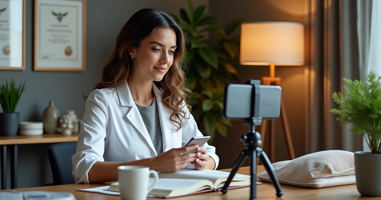 Psicóloga grava vídeo curto em ambiente de consultório, falando para o celular 