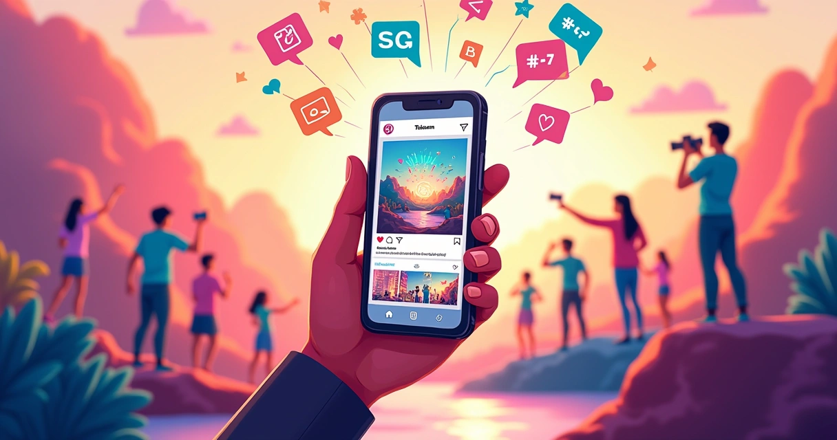 Ilustração de um smartphone exibindo Reels do Instagram, cercado por ícones de engajamento e usuários criativos.
