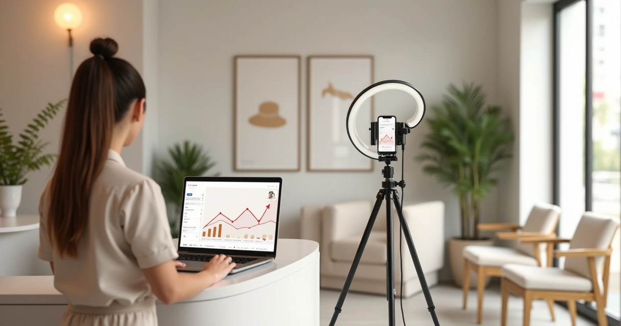 Profissional de estética grava Reels no celular dentro de clínica moderna 