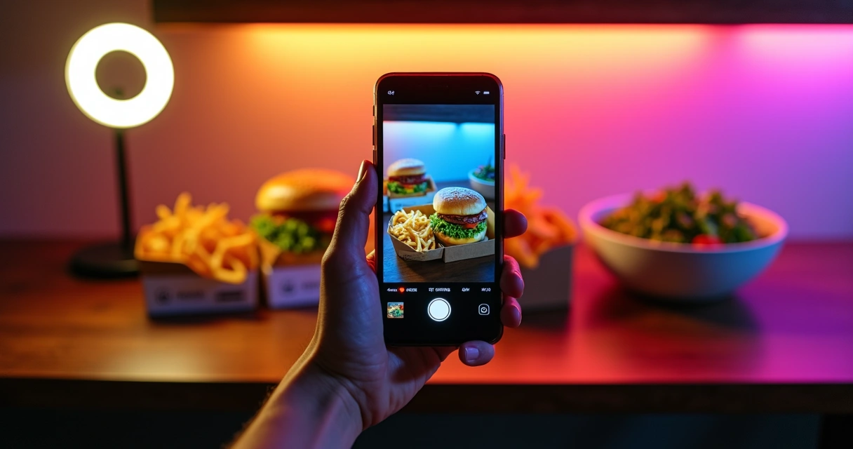 Mão segurando smartphone gravando vídeo de pratos de restaurante para reels 