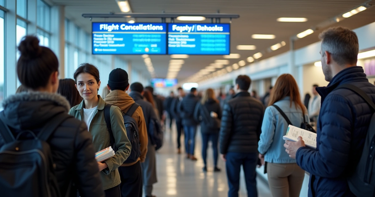 Fila de pessoas em balcão de companhia aérea pedindo reembolso 