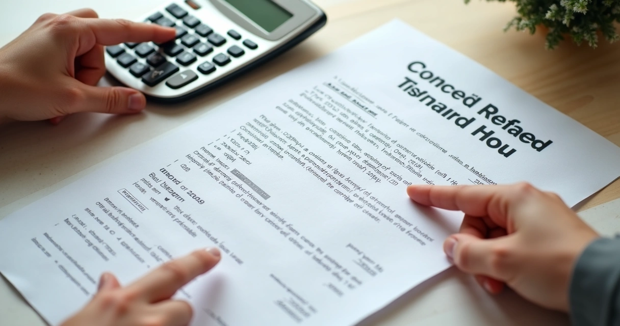 Calculadora e comprovantes ao lado de contrato imobiliário